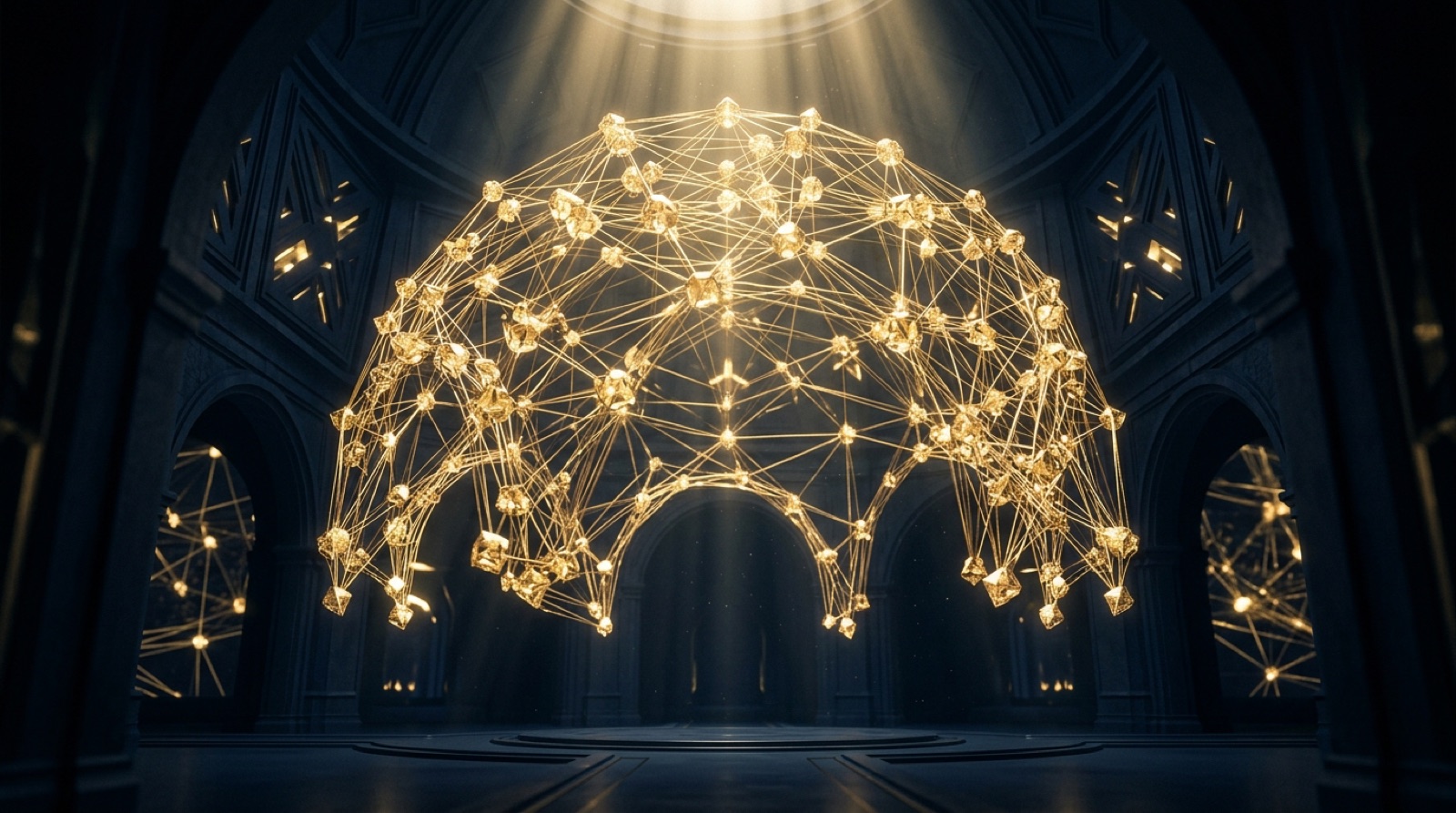 A glowing gold knowledge-lattice in a dark chamber