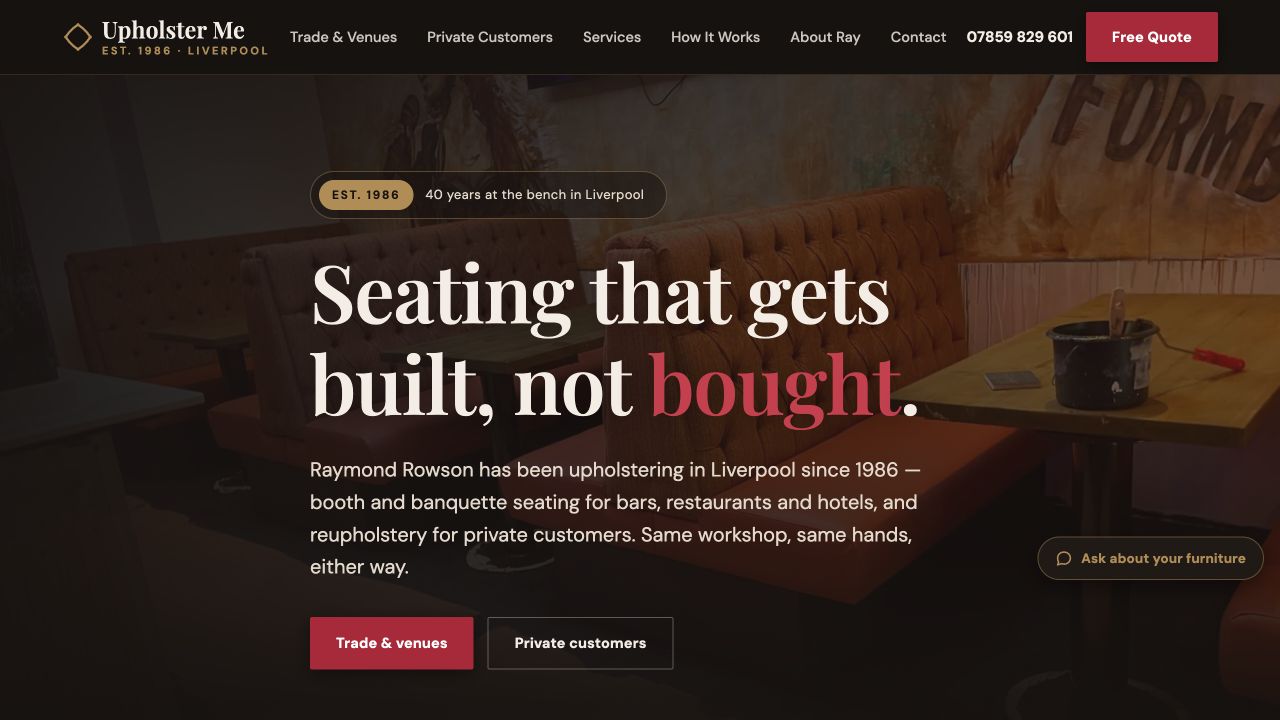 The Upholster Me website, built by afullerlifeai
